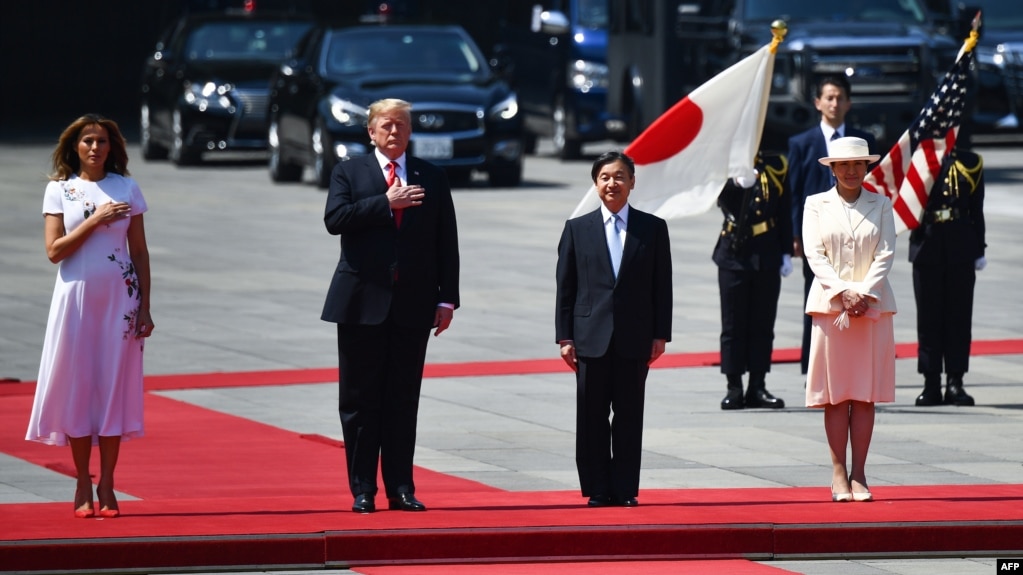 Left to right, first lady Melania Trump, U.S. President Donald Trump, Japan's Emperor Naruhito and Empress Masako are seen at the the welcoming ceremony at the Imperial Palace, in Tokyo, Japan, May 27, 2019.