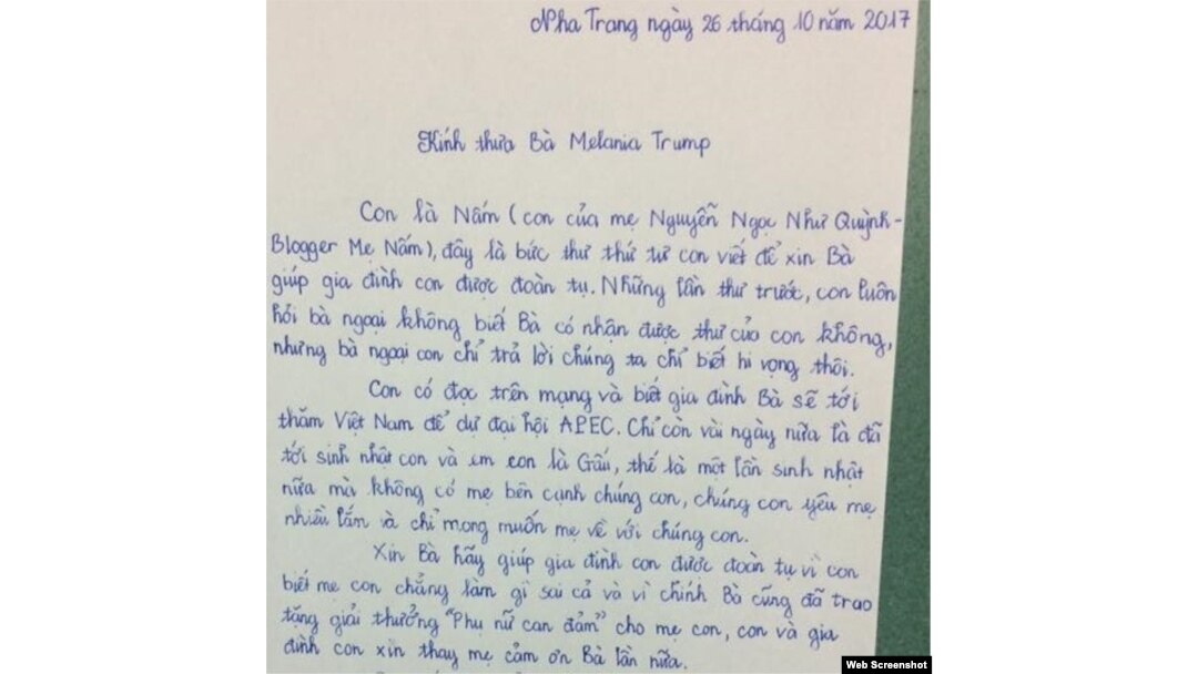 Thư của Nguyễn Bảo Nguyên gửi Đệ nhất Phu nhân Hoa Kỳ Melania Trump (Facebook Nguyễn Thị Tuyết Lan)