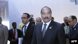 Mauritanian President Mohamed Ould Abdel Aziz (2nd R) walks with African Union (AU) delegates at the 22nd AU summit in Addis Ababa, Jan. 31, 2014. 
