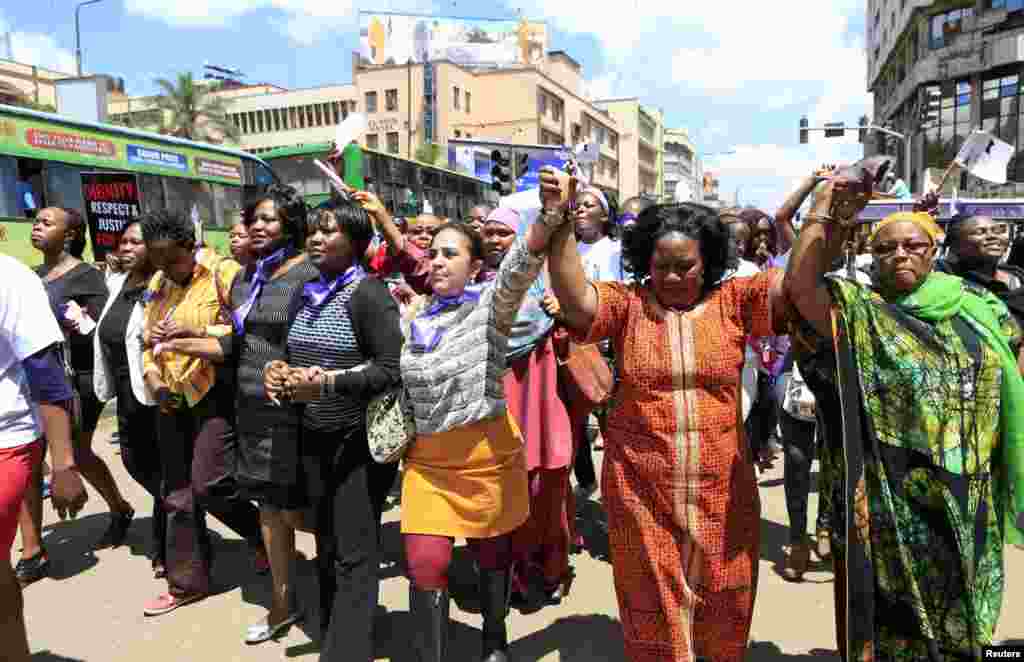 Women protest along a main street in the Kenyan capital of Nairobi. The demonstrators were demanding justice for a woman who was attacked recently in Nairobi by men who claimed that she was dressed indecently.