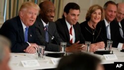 FILE - President Donald Trump, left, speaks during a meeting with manufacturing executives at the White House in Washington, Feb. 23, 2017.