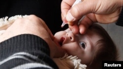 FILE - A health worker administers polio vaccination to a child in Raqqa, eastern Syria, Nov. 18, 2013.