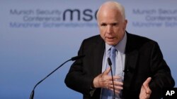 Senator John McCain, R-Ariz., speaks during the Munich Security Conference in Munich, Germany, Feb. 17, 2017. The annual weekend gathering is known for providing an open and informal platform to meet.