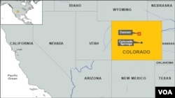 Map showing the location of Denver and Colorado Springs, two cities in Colorado.