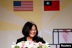 FILE - Taiwanese President Tsai Ing-wen speaks in the Los Angeles Overseas Chinese Banquet during visit in Los Angeles, California, Aug. 12, 2018.