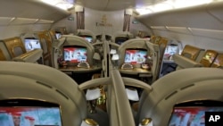 This Feb. 10, 2013 file photo shows the first class section of an Emirates airlines Airbus A380 at the Dubai airport in Dubai, United Arab Emirates. (AP Photo/Kamran Jebreili, File)