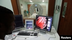 FILE - A doctor checks a screen showing a graphical representation of a human heart.