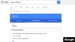A screen shot shows a fragment of election-related information Google makes available to potential voters in the eastern U.S. state of Virginia.