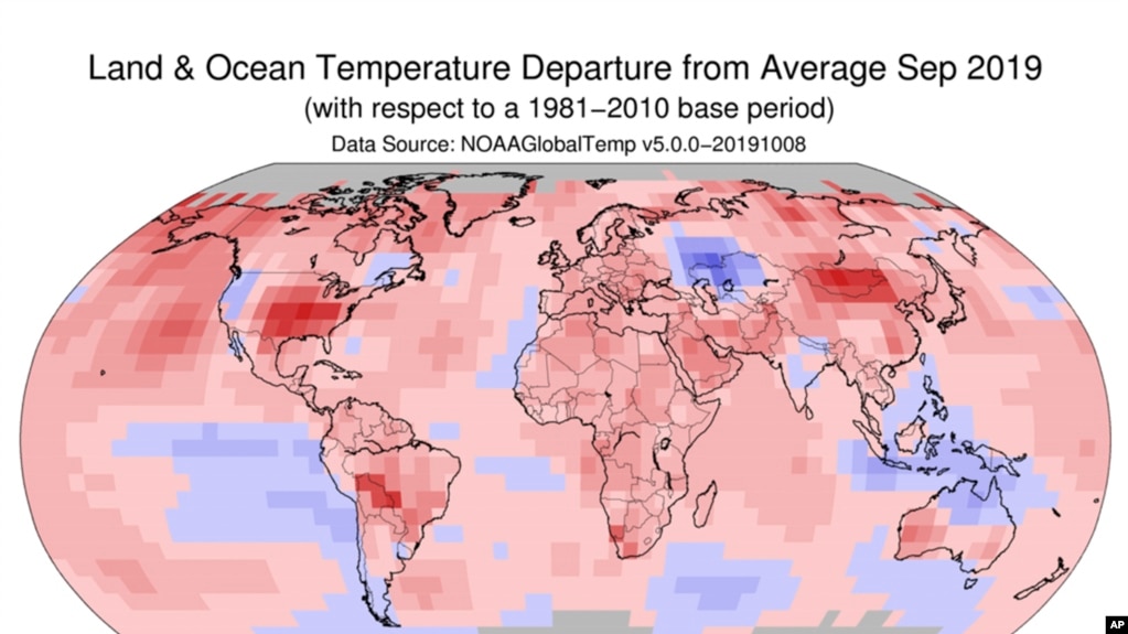 Imagen proporcionada por NOAA muestra un mapa global que indica las desviaciones de temperatura del promedio en septiembre de 2019. Foto AP