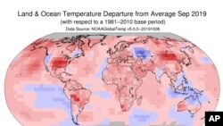 Imagen proporcionada por NOAA muestra un mapa global que indica las desviaciones de temperatura del promedio en septiembre de 2019. Foto AP