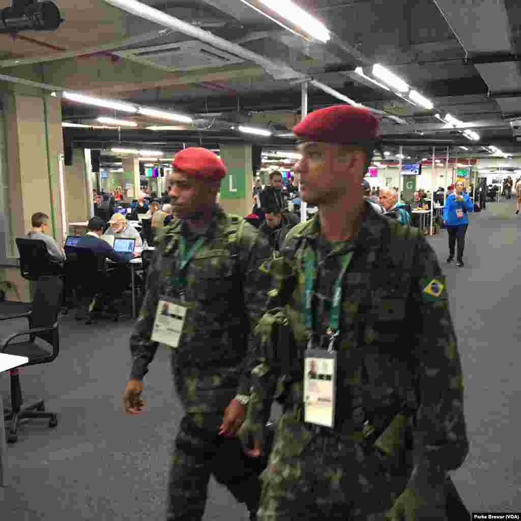 There was an elevated level of security at the Rio 2016 Main Press Center after Tuesday night's attack on a media bus returning to the press center from the Deodoro Stadium, Aug. 10, 2016.