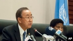 United Nations Secretary General Ban- Ki- Moon speaks during a news conference during the heads of state meeting of the annual African Union (AU) summit, in Addis Ababa, Ethiopia, Saturday, Jan. 31, 2015.