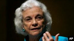 FILE - Retired U.S. Supreme Court Justice Sandra Day O'Connor addresses a meeting of Pennsylvania judges and lawyers in Harrisburg, Pa., Sept. 19, 2007.