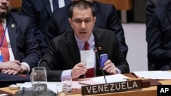 Venezuela's Minister of Foreign Affairs Jorge Arreaza speaks during the United Nations Security Council at the U.N., Jan. 26, 2019, in New York. During the meeting, U.S. Secretary of State Mike Pompeo encouraged the council to recognize Juan Guaido as the constitutional interim President of Venezuela.