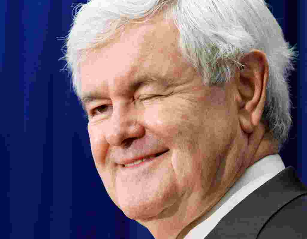 Newt Gingrich mengedipkan mata ke arah seorang penanya saat berkampanye di Newport, New Hampshire, 6 Januari (AP).