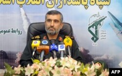 A picture obtained on Aug. 25, 2014 from Iran's ISNA news agency and taken on Jan.y 7, 2012 shows General Amirali Hajizadeh, commander of aerial forces of Iran's elite Revolutionary Guards giving a press conference in Tehran.