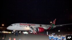 FILE - Kenya Airways Boeing 787 Dreamliner is parked on runway at Jomo Kenyatta International airport, Nairobi, Kenya, Oct. 28, 2018, to commence its first non-stop flight, direct to New York City. 