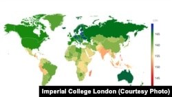 Map shows mean height at age 18 for people born in 1996