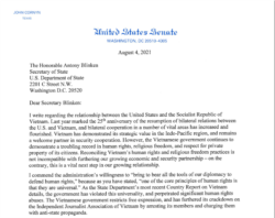 Phần đầu bức thư ngày 4/8/2021 của Thượng Nghị sĩ John Cornyn gửi Ngoại trưởng Hoa Kỳ Antony Blinken. Photo dvov.org