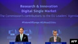 (De gauche à droite) Le vice-président de la Commission européenne, Jyrki Katainen, et le commissaire européen à la recherche et à l'innovation, Carlos Moedas, donnent une conférence de presse conjointe, 2018. 