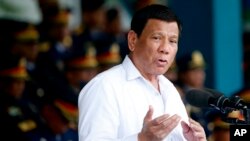 President Rodrigo Duterte says, Aug. 14, 2018, that China's claim to airspace above newly built islands and surrounding waters in the disputed South China Sea “is wrong.” 