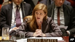 FILE - Samantha Power, the United States' ambassador to the United Nations speaks during a meeting of the U.N. Security Council Tuesday, Dec. 30, 2014, at United Nations headquarters.
