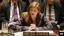 FILE - Samantha Power, the United States' ambassador to the United Nations speaks during a meeting of the U.N. Security Council, at United Nations headquarters, Dec. 30, 2014.