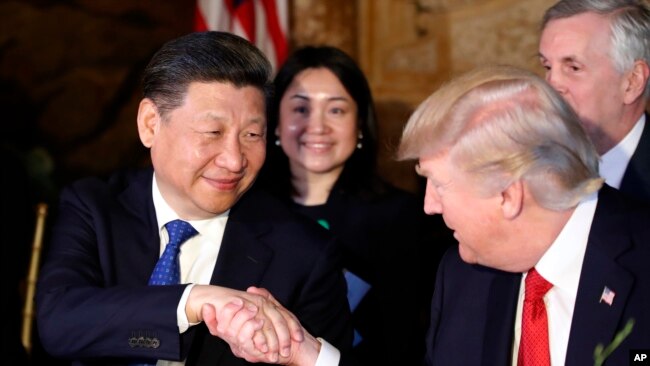 Tổng thống Hoa Kỳ Donald Trump bắt tay Chủ tịch Trung Quốc Tập Cận Bình (bên trái) tại Khu nghĩ dưỡng Mar-a-Lago, Palm Beach, Florida, 6/4/2017.
