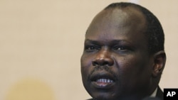 Pagan Amum, South Sudan's top negotiator in the oil dispute talks with Khartoum, speaks during a news conference in Ethiopia's capital, Addis Ababa, January 27, 2012.