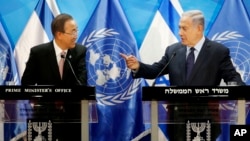 Israeli Prime Minister Benjamin Netanyahu (R) speaks with U.N. Secretary General Ban Ki-moon during a joint press conference in Jerusalem, June 28, 2016.