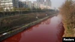 A view of red polluted water in the Jianhe River in Luoyang, Henan province, China, December 13, 2011. 