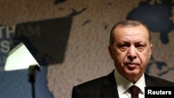 Le président de la Turquie, Recep Tayyip Erdogan à la Chatham House à Londres, Grande-Bretagne, le 14 mai 2018.