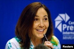 FILE - Mariela Castro, a lawmaker and director of the Cuban National Centre for Sex Education (CENESEX), National Assembly member and daughter of Cuba’s President Raul Castro, speaks during a news conference in Havana, Cuba, May 3, 2017.