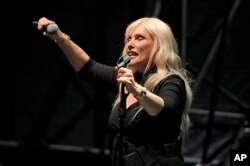 FILE - Debbie Harry of "Blondie" performs in Hyde Park in London in September 2017.