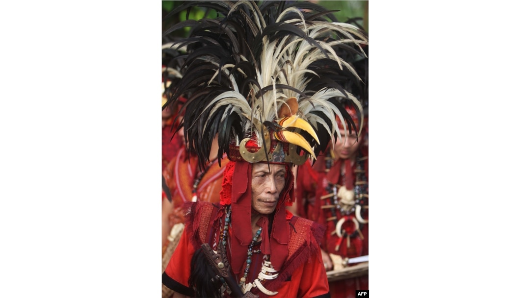 A tribesman from Indonesia's Sulawesi island, clad in traditional hornbill headgear, participates in a gathering for indigenous communities in Tanjung Gusta, North Sumatra, March 17, 2017. The congress of indigenous leaders in Tanjung Gusta comes at crucial time for Indonesian tribespeople, as they push the government to move faster to protect their ancestral homelands.