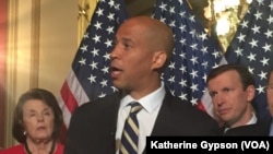 FILE - Democratic Sen. Cory Booker of New Jersey speaks during a news conference on Capitol Hill in Washington, June 16, 2016.