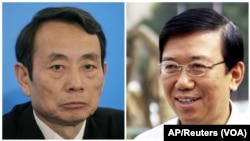 FILE - Jiang Jiemin, left, former chairman of the state-run China National Petroleum Corp., and Li Chuncheng, right, a former deputy party chief for the southwestern province of Sichuan, were both convicted on corruption charges in Hubei province, China.