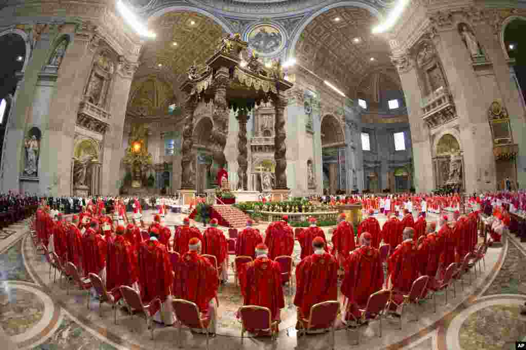 Cardinals attend a Mass for the election of a new pope celebrated by Cardinal Angelo Sodano inside St. Peter&#39;s Basilica, at the Vatican.