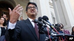 American Civil Liberties Attorney, Omar Jadwat, gestures as he speaks after a hearing before the U.S. Fourth Circuit Court of Appeals in Richmond, Virginia, May 8, 2017. 