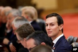 FILE - White House Senior adviser Jared Kushner attends a bilateral meeting held by U.S. President Donald Trump and China's President Xi Jinping at the Great Hall of the People in Beijing, Nov. 9, 2017.