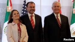 Canadian Foreign Minister Chrystia Freeland, Mexican Foreign Minister Luis Videgaray and U.S. Secretary of State Rex Tillerson are pictured after a news conference in Mexico City, Feb. 2, 2018. 