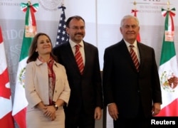 (L-R) Canadian Foreign Minister Chrystia Freeland, Mexican Foreign Minister Luis Videgaray and U.S. Secretary of State Rex Tillerson are pictured after a news conference in Mexico City, Feb. 2, 2018.