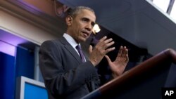 President Barack Obama speaks during a news conference with college students in the Brady Press Briefing Room in Washington, April 28, 2016.