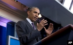 President Barack Obama speaks during a news conference with college students in the Brady Press Briefing Room in Washington, April 28, 2016.