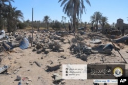 This picture released online by the Sabratha Municipal Council on Feb. 19, 2016, shows the site where U.S. warplanes struck an Islamic State training camp in Sabratha, Libya near the Tunisian border.