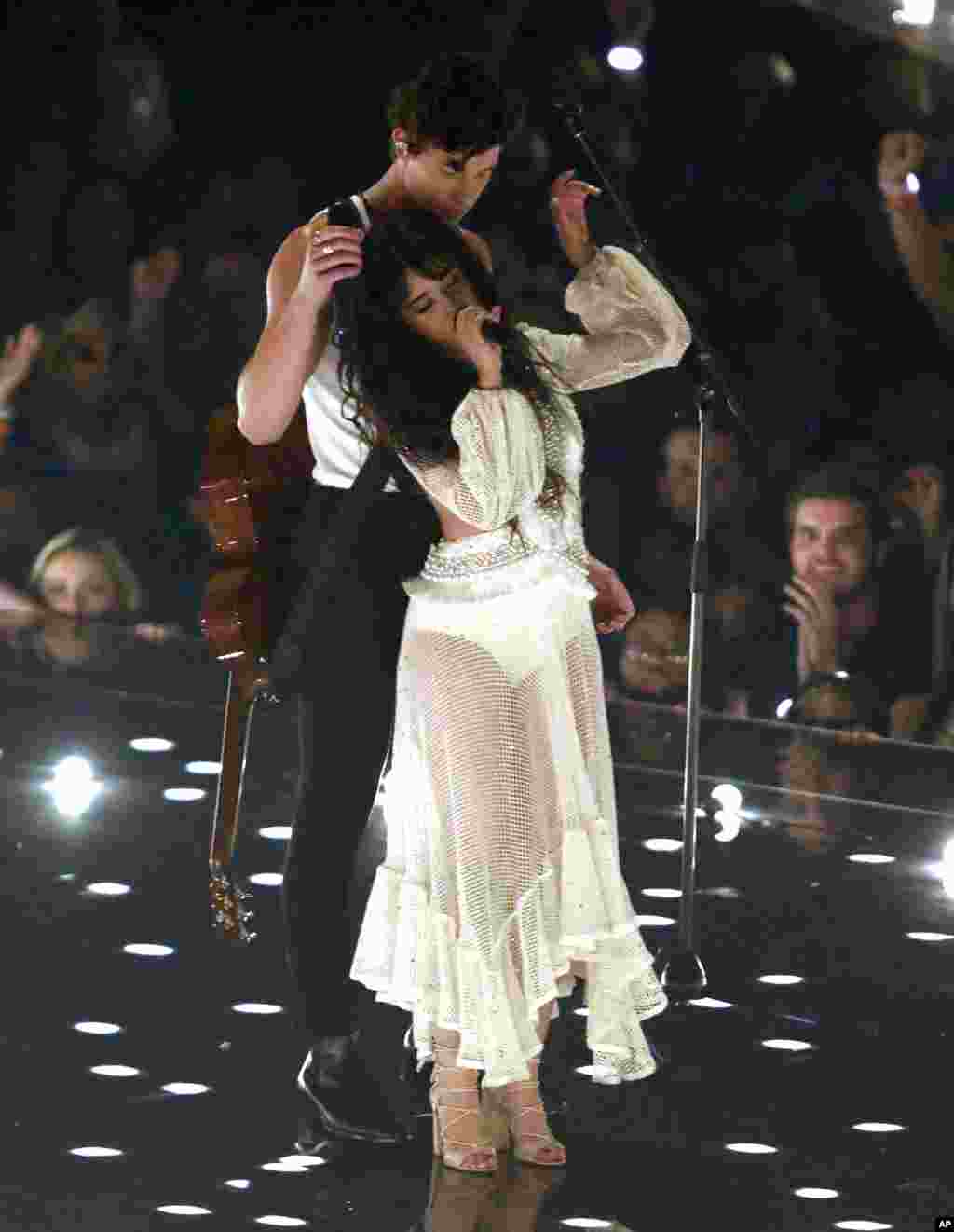 Camila Cabello, foreground, and Shawn Mendes perform &quot;Senorita&quot; at the MTV Video Music Awards at the Prudential Center in Newark, New Jersey, Aug. 26, 2019.