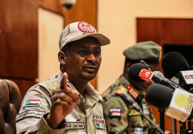 Gen. Mohamed Hamdan Dagalo, the deputy head of the military council speaks at a press conference in Khartoum, Sudan, April 30, 2019.