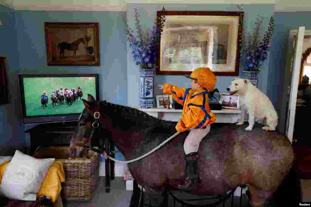 Merlin Coles 3, watches the horse racing from Royal Ascot on TV at his home, while sitting on his horse Mr Glitter Sparkles with his dog Mistress, in Bere Regis, Dorset, as racing resumed behind closed doors after the outbreak of the COVID-19.&nbsp;