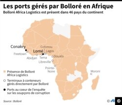 Carte localisant les ports de Bolloré en Afrique dont les deux ports au coeur de l'enquête pour soupçons de corruption