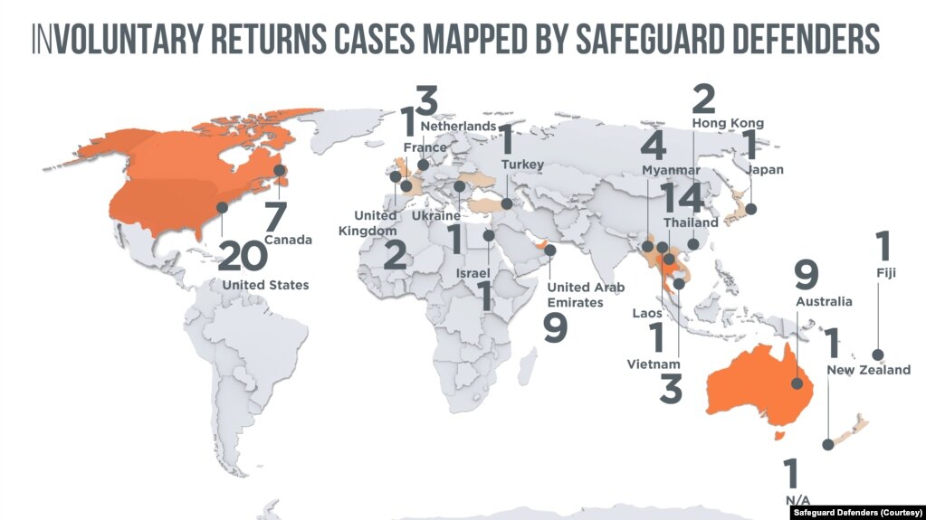 保护卫士报告中罗列的62起强迫引渡案例在各国的分布。（Safeguard Defenders）(photo:VOA)